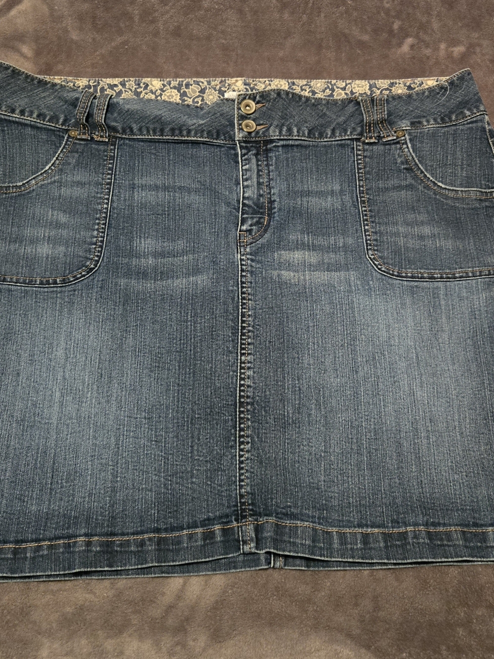 Plus Size Fashion Bug Blue Denim Skirt with Floral Waistband